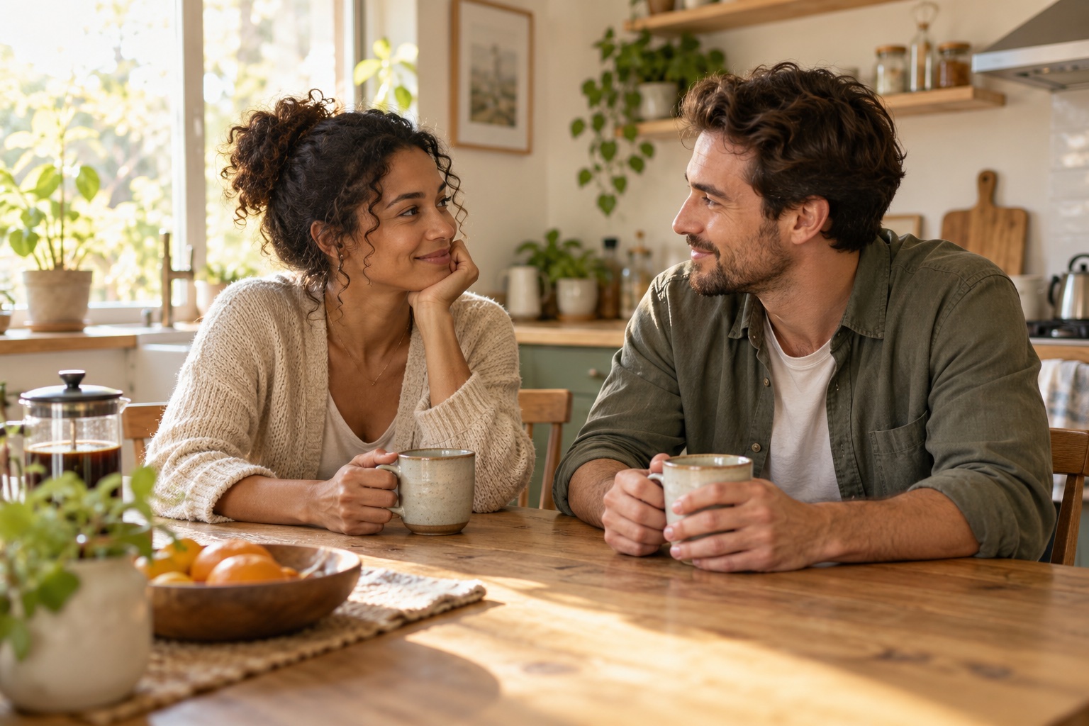 A couple sharing a quiet moment over coffee